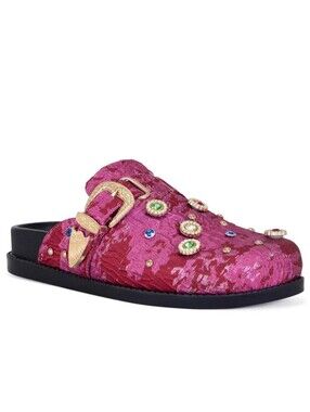 Embellished Pink Sequin Slide Clog with Gold Buckle Accent